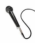 Stock image of black microphone with cord isolated on white