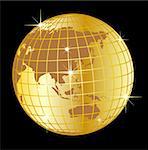 illustration of a golden globe asia and australia on black background