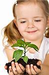 Happy little girl holding a vigorous new plant with soil - isolated, focus on the plant