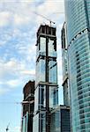 Construction of skyscrapers from glass, a steel and concrete of a complex of the international business centre Moscow-city, Moscow, Russia