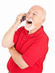 Senior man talking on his cellphone laughs out loud.  Isolated on white.