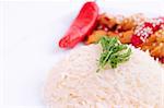 Rice, Dill, Red paper and chicken  on the white background