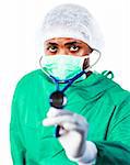 Surgeon holding a stethoscope and looking at camera