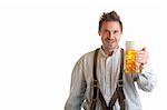 Bavarian Man dressed with traditional leather trousers (lederhose) holding Oktoberfest Beer Stein (Mass)
