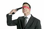 Red tape blindfold businessman with hand gun, suicide expression
