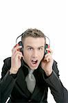 Businessman shout, noisy enviroment, headphones, isolated on white