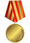 Gold medal with red and golden striped ribbon (vector)