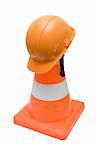 Road warning cone and orange helmet isolated on a white background