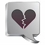 Broken heart icon on stainless steel modern industrial voice bubble icon suitable for use as a website accent, on promotional materials, or in advertisements.