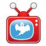 Scary ghost icon on retro television set suitable for use in print, on websites, and in promotional materials.