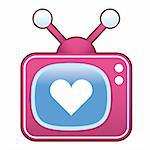 Heart or love icon on pink retro television set suitable for use in print, on websites, and in promotional materials.