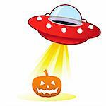 Halloween pumpkin Jack 'o Lantern icon on retro flying saucer UFO with light beam.