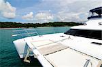 Exterior of a luxury yacht at sea.