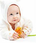 Baby holding orange flower, isolated