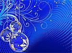Illustration vectorielle de carte bleue de vacances avec des boules de Noël sur fond décoratif floral