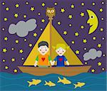 Kids on a sailing adventure into the night. EPS file available.