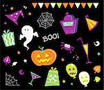 Retro halloween design elements isolated on black background. Vector Illustration.