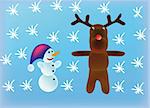 nice vector illustration of a snowman and reindeer