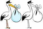 Cartoon image of a stork delivering a baby - both color and black / white versions.