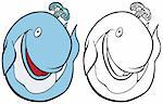 Cartoon image of a whale - both color and black / white versions.