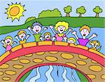 Children wave from a bridge in the park.