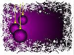 An abstract Christmas vector illustration with purple baubles on a lighter backdrop with grunge snowflakes and room for text