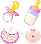 Pink Vector baby's dummy, baby bottle, bib and baby girl. Isolated on white. EPS 8, AI, JPEG