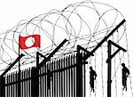 Vector illusration of german concentration camp fence topped with barbed wire and hanged people in background