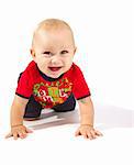 Laughing baby boy crawling, isolated