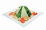 Caesar salad with fried shrimps and triangular slices of parmesan. Isolated on white.