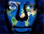 Human face with Earth map printed on face - 3d render