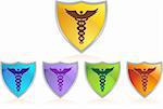 Set of five medical symbol shields in various colors - caduceus.
