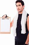 Fitness Man showing a blank clip board on a isolated white background