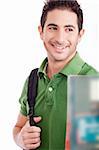 handsome young student smiling with the books on a white isolated background