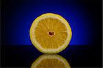 Fresh half of lemon facing foward isolated on dark background with blue gradient