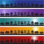 Set of city themed banners in blue, purple, teal, orange and red with sun and moon sky.