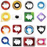 A set of 16 icon buttons in different shapes and colors - piggy bank.