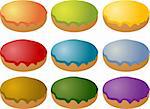 Colorful frosted icing donuts icon set many different colors