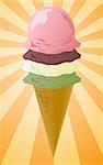 Ice cream cone illustration, three scoops on radial burst background