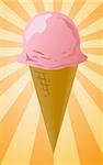 Ice cream cone illustration, strawberry scoop on radial burst background