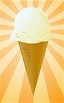 Ice cream cone illustration, vanilla scoop on radial burst background