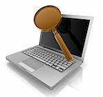 Computer online search information with magnifying glass and notebook