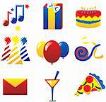 Nine fun party icons. Vector Illustration easy to edit, I used the 3 primary colors.