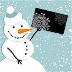 Happy snowman with credit card, christmas shopping