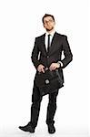 Business man in suit and glasses standing with a briefcase and thinks. isolated over white