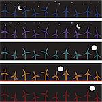 Set of background images with multiple windmills and a night background with stars and moons.