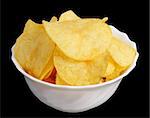 Potato chips in a white cup on a black background, isolated