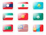 Glossy vector flags. Set three of flags from Asia. 1st row: Laos, Lebanon, Kazakhstan 2nd row: Kuwait, Kyrgyzstan, Macau 3rd row: Maldives, Malaysia, Mongolia