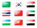 Glossy vector flags. Set five of flags from Asia. 1st row: Saudi Arabia, South Korea, Syria 2nd row: Thailand, Turkey, United Arab Emirates 3rd row: Uzbekistan, Vietnam, Yemen