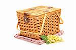 Picnic Basket, Grapes and Folded Blanket Isolated on a White Background.